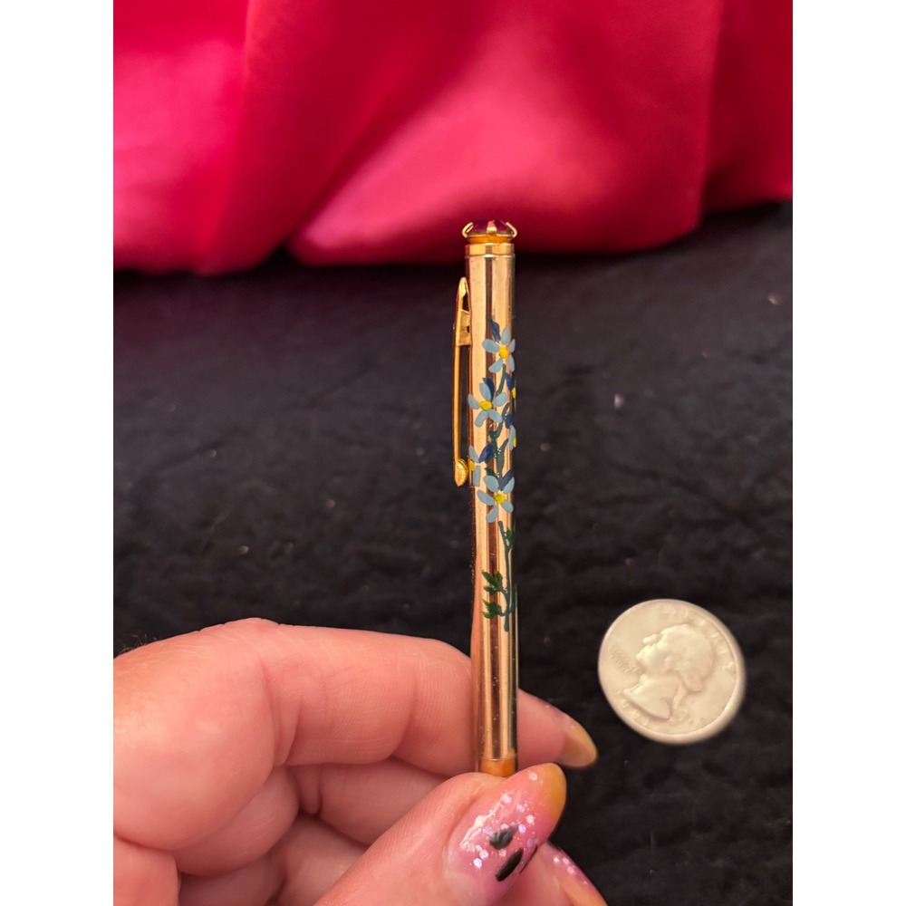 Vintage Mascot Mechanical Pencil Gold Tone Blue Floral Pink Jewel Top 3.25"
